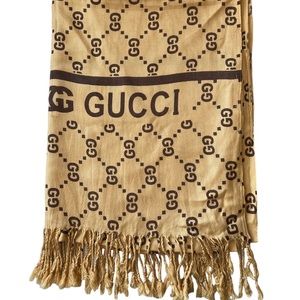 Pashmina Scarf with Gucci Logo, Monogram, Fringes, Brown and Tan